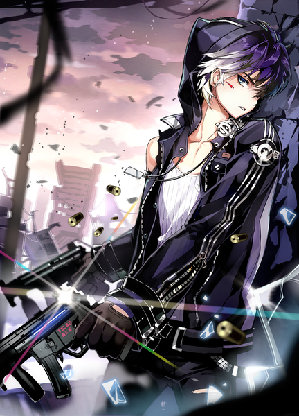 Anime picture 1439x2000 with original mimi (ranma3049) single tall image looking at viewer short hair blue eyes holding purple hair white hair head tilt profile multicolored hair two-tone hair sparkle torn clothes broken glass boy gloves weapon