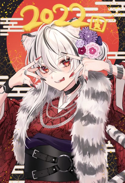 Anime picture 992x1448 with original anoa single tall image blush fringe short hair open mouth smile hair between eyes red eyes standing animal ears upper body white hair tail nail polish traditional clothes japanese clothes animal tail