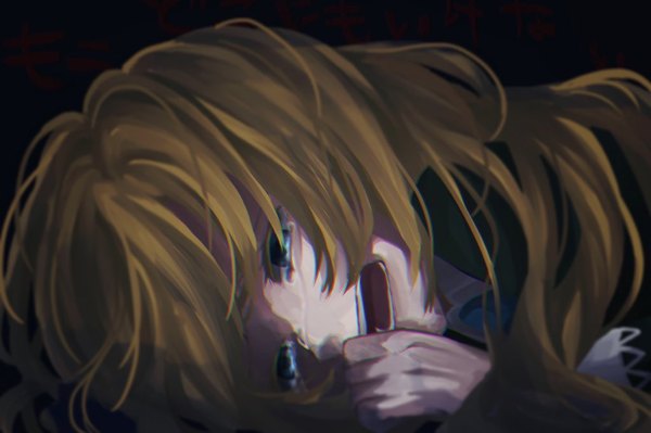 Anime picture 1024x682 with ib (game) mary (ib) asnib xxx single long hair fringe open mouth blue eyes simple background hair between eyes brown hair looking away upper body lying teeth tears black background crying screaming girl