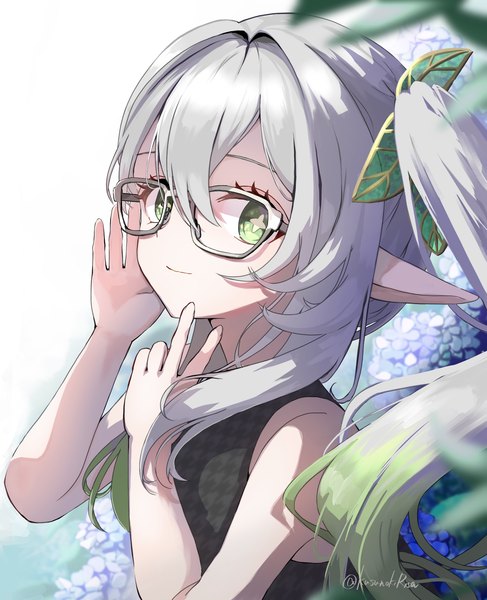 Anime picture 1822x2247 with genshin impact nahida (genshin impact) kusunoki  r single long hair tall image looking at viewer fringe highres hair between eyes green eyes signed silver hair upper body pointy ears twitter username side ponytail symbol-shaped pupils bespectacled girl