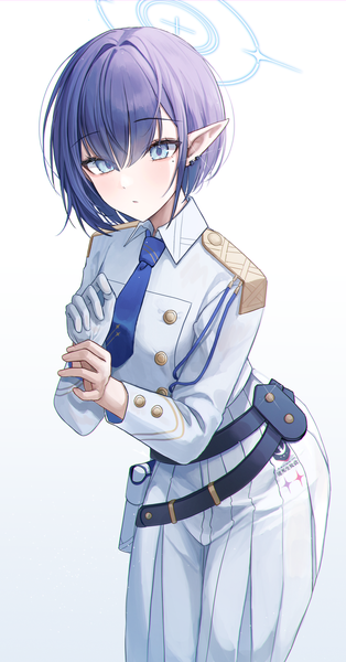 Anime picture 2620x5000 with blue archive aoi (blue archive) myowa single tall image fringe highres short hair blue eyes simple background hair between eyes white background looking away purple hair mole leaning leaning forward mole under eye adjusting gloves girl