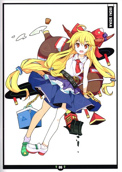 Anime picture 4298x6086 with touhou ibuki suika ideolo single tall image looking at viewer fringe highres open mouth blonde hair red eyes white background absurdres ahoge very long hair horn (horns) scan character names + + oni