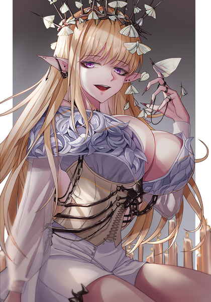 Anime picture 3500x5000 with dungeon and fighter soo single long hair tall image looking at viewer fringe highres breasts open mouth light erotic simple background blonde hair smile sitting purple eyes payot absurdres blunt bangs long sleeves