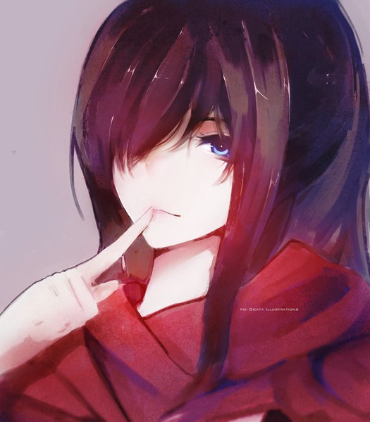 Anime-Bild 2800x3200 mit original aoi ogata single long hair tall image looking at viewer fringe highres blue eyes simple background brown hair signed payot light smile hair over one eye grey background watermark finger to mouth portrait girl