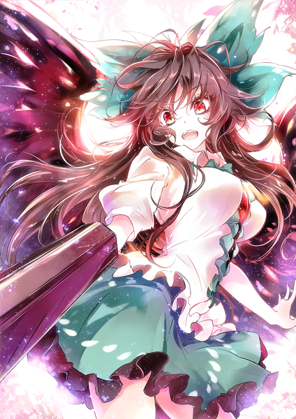 Anime picture 800x1132 with touhou reiuji utsuho pkk single long hair tall image looking at viewer fringe breasts open mouth red eyes brown hair short sleeves puffy sleeves backlighting starry sky print arm cannon girl skirt bow
