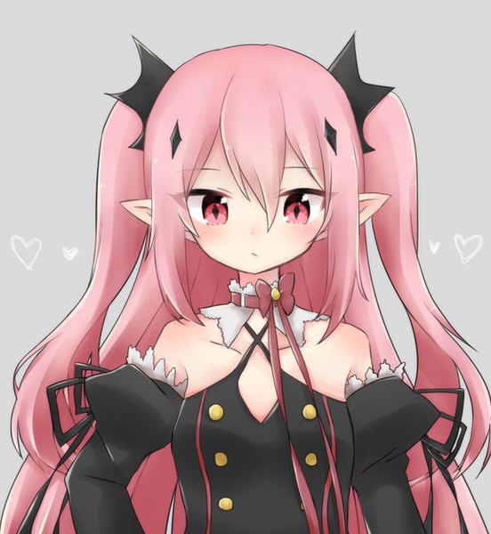 Anime picture 1150x1250 with owari no seraph wit studio kururu tepes tsukihi ekaki single long hair tall image looking at viewer blush fringe simple background hair between eyes bare shoulders payot pink hair upper body pink eyes pointy ears grey background two side up