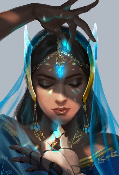 Anime picture 1000x1474 with overwatch blizzard entertainment symmetra (overwatch) hage2013 single long hair tall image black hair simple background signed eyes closed realistic grey background lipstick magic glowing portrait shaded face eyeshadow makeup