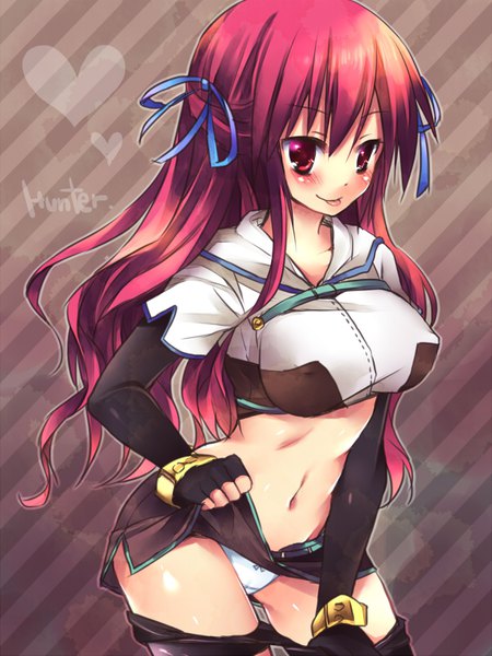 Anime picture 600x800 with ragnarok online hunter (ragnarok online) sorai shin'ya single long hair tall image fringe light erotic simple background hair between eyes red eyes looking away red hair character names shiny skin covered nipples ass visible through thighs undressing :p striped background