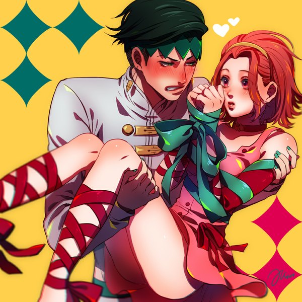 Anime picture 1000x1000 with jojo no kimyou na bouken kishibe rohan sugimoto reimi rin2010 blush short hair light erotic red eyes bare shoulders green eyes signed red hair nail polish green hair embarrassed couple eye contact yellow background bound hands carrying