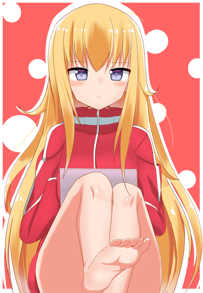 Anime picture 2173x3122 with gabriel dropout doga kobo tenma gabriel white aburakatamari single long hair tall image looking at viewer blush highres blue eyes light erotic simple background blonde hair purple eyes bare legs red background polka dot polka dot background outline