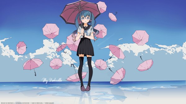 Anime picture 1920x1080 with vocaloid hatsune miku missanny single long hair looking at viewer fringe highres wide image standing holding sky cloud (clouds) pleated skirt aqua eyes aqua hair short sleeves reflection horizon girl