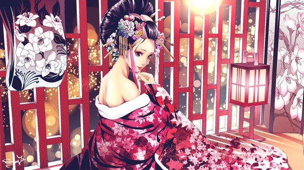 Anime picture 1920x1080 with original smile (qd4nsvik) single looking at viewer highres short hair black hair wide image sitting bare shoulders signed indoors traditional clothes head tilt japanese clothes hair flower black eyes off shoulder wide sleeves lipstick
