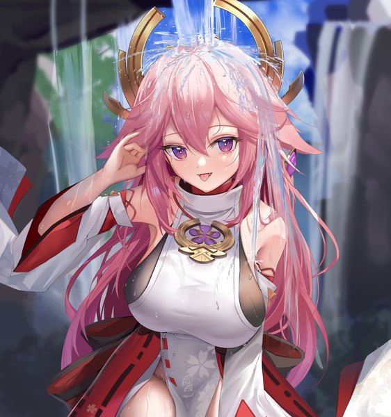 Anime picture 3286x3508 with genshin impact yae miko zhongwu chahui single long hair tall image looking at viewer fringe highres breasts light erotic smile hair between eyes large breasts standing animal ears pink hair absurdres outdoors traditional clothes