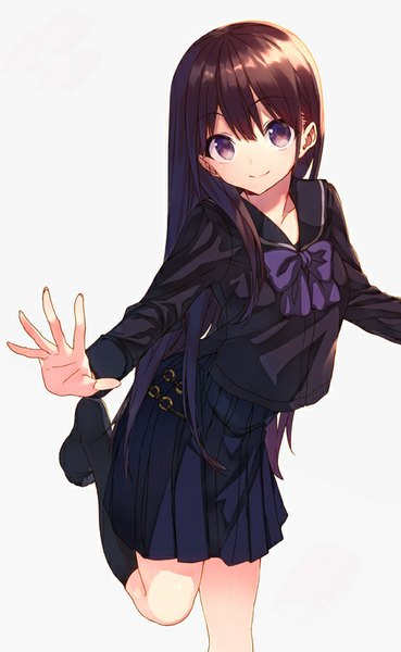Anime picture 492x800 with original suisen single long hair tall image looking at viewer fringe black hair simple background smile standing white background purple eyes bent knee (knees) pleated skirt spread arms girl skirt uniform bow