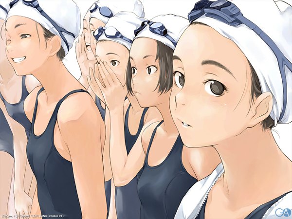 Anime picture 1024x768 with original gagraphic kamo (gafas) short hair black hair smile multiple girls upper body one eye closed black eyes grin 6+ girls goggles on head 8 girls girl swimsuit one-piece swimsuit goggles swim cap