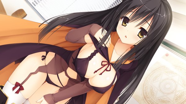 Anime picture 1280x720 with sanoba witch yuzusoft togakushi touko muririn single long hair looking at viewer blush fringe breasts light erotic black hair wide image large breasts yellow eyes game cg parted lips dutch angle magic girl