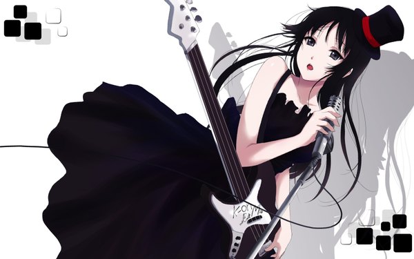 Anime picture 1680x1050 with k-on! kyoto animation akiyama mio cait single long hair open mouth black hair wide image bare shoulders black eyes girl dress hat black dress microphone guitar bass guitar
