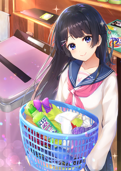 Anime picture 850x1200 with virtual youtuber nijisanji tsukino mito omelet tomato single long hair tall image looking at viewer blush fringe black hair smile standing purple eyes holding payot indoors long sleeves head tilt inscription