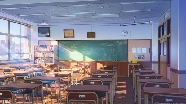 Anime picture 1920x1080 with love money rock'n'roll arsenixc vvcephei highres wide image signed sunlight copyright name no people classroom collaboration window book (books) clock shelf desk bookshelf sliding doors blackboard television