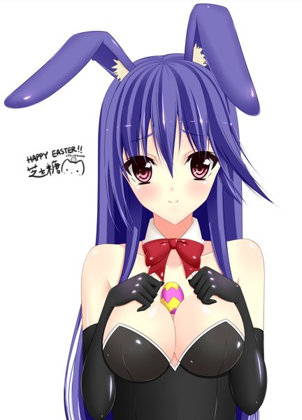 Anime picture 1585x2200 with original nagi-the-cheese (ppshex) single long hair tall image looking at viewer blush breasts light erotic simple background smile large breasts white background animal ears blue hair pink eyes bunny ears girl gloves black gloves