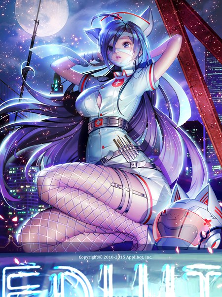 Anime picture 1500x2000 with furyou michi ~gang road~ tagme (character) soo kyung oh single long hair tall image fringe breasts light erotic hair between eyes purple eyes animal ears looking away purple hair ahoge bent knee (knees) outdoors parted lips wind lips