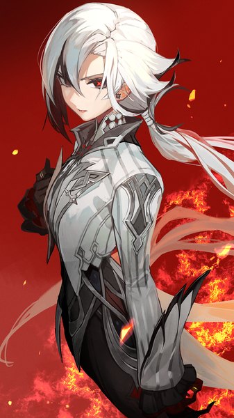 Anime picture 1125x2000 with genshin impact arlecchino (genshin impact) lack single tall image fringe hair between eyes standing white hair very long hair multicolored hair black eyes streaked hair hand on chest symbol-shaped pupils low ponytail red background girl