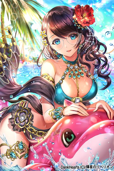 Anime picture 640x960 with original esphy single long hair tall image looking at viewer blush fringe breasts blue eyes light erotic hair between eyes brown hair large breasts sitting bare shoulders sky cleavage cloud (clouds) outdoors