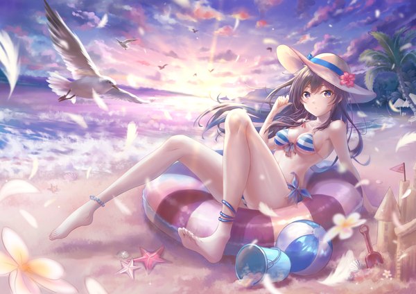 Anime picture 4724x3340 with original yelan xing xuan single long hair looking at viewer blush fringe highres breasts light erotic hair between eyes brown hair purple eyes bare shoulders payot absurdres sky cloud (clouds) full body bent knee (knees)