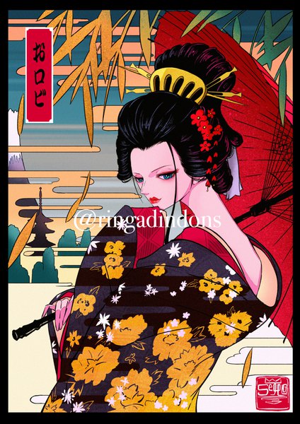 Anime picture 2480x3508 with one piece toei animation nico robin sherumaru (korcht06) single tall image blush highres short hair blue eyes black hair standing holding signed looking away traditional clothes japanese clothes hair flower lips wide sleeves