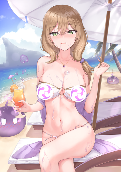 Anime picture 1240x1754 with genshin impact lisa (genshin impact) slime (genshin impact) marinesnow single long hair tall image looking at viewer blush fringe breasts open mouth light erotic hair between eyes brown hair large breasts sitting holding green eyes payot
