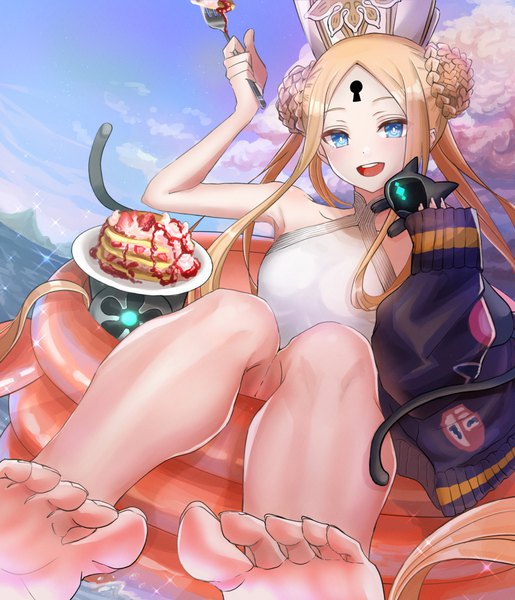 Anime picture 1029x1200 with fate (series) fate/grand order abigail williams (fate) abigail williams (swimsuit foreigner) (fate) setta shu single long hair tall image looking at viewer open mouth blue eyes light erotic blonde hair twintails outdoors braid (braids) :d barefoot bare legs sparkle