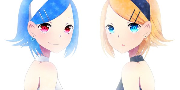 Anime picture 1600x800 with vocaloid kagamine rin achiki looking at viewer short hair blue eyes simple background blonde hair smile wide image white background bare shoulders multiple girls blue hair pink eyes dual persona girl hair ornament 2 girls earrings