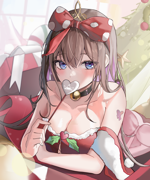 Anime picture 2500x3000 with original huion mungduck single long hair tall image looking at viewer blush fringe highres breasts blue eyes light erotic hair between eyes brown hair bare shoulders cleavage indoors symbol-shaped pupils christmas