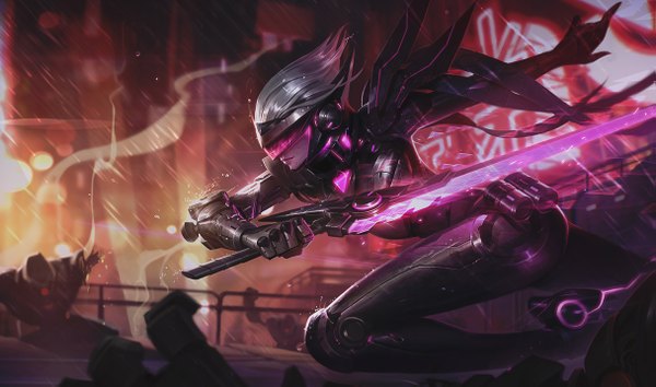 Anime picture 1215x717 with league of legends fiora (league of legends) leona (league of legends) tagme (artist) single short hair wide image silver hair lips official art wallpaper fighting stance girl weapon sword suit cyborg