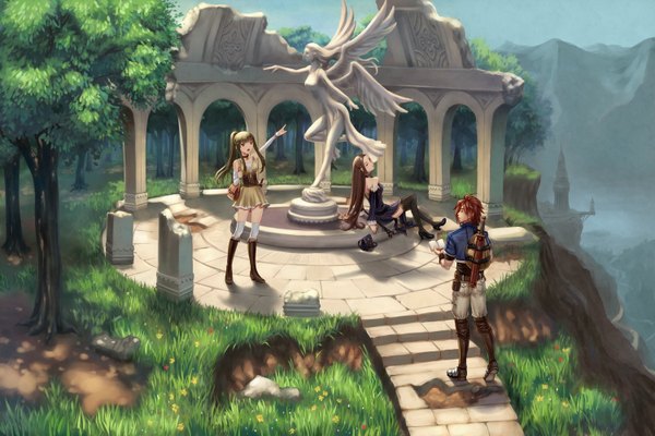 Anime picture 1500x1000 with original youbou long hair short hair open mouth brown hair multiple girls brown eyes pointing girl thighhighs boy weapon black thighhighs 2 girls plant (plants) tree (trees) statue