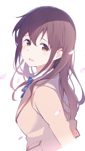 Anime picture 640x1138 with kimi no suizou wo tabetai yamauchi sakura chikuwa. single long hair tall image looking at viewer fringe open mouth simple background hair between eyes brown hair white background brown eyes upper body :d girl uniform school uniform petals