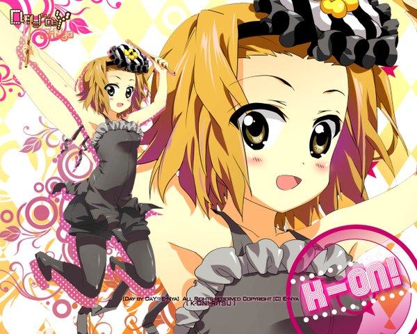 Anime picture 1280x1024 with k-on! kyoto animation tainaka ritsu blush short hair open mouth blonde hair smile bare shoulders dress pantyhose black dress