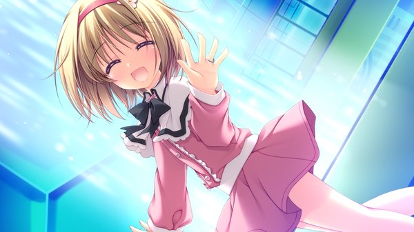 Anime picture 1024x576 with strawberry nauts single short hair open mouth blonde hair wide image game cg eyes closed loli girl dress hairband