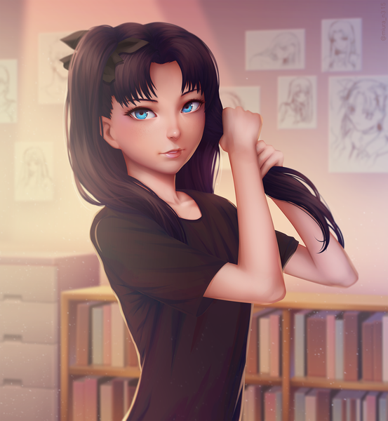Anime picture 1366x1480 with fate (series) fate/stay night toosaka rin miura-n315 single long hair tall image looking at viewer blue eyes black hair twintails lips realistic holding hair girl bow hair bow t-shirt