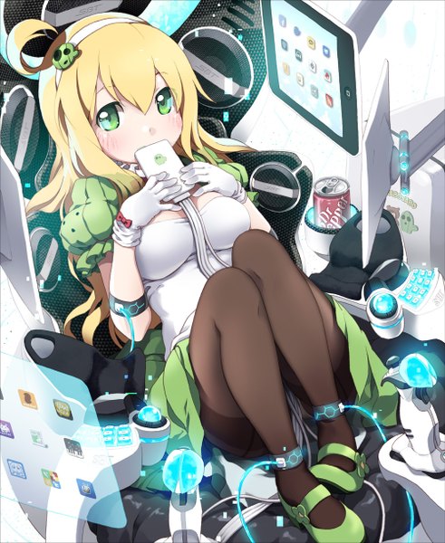 Anime picture 1000x1222 with original lena (zoal) single long hair tall image blush blonde hair green eyes futuristic girl skirt gloves bow hair bow pantyhose computer