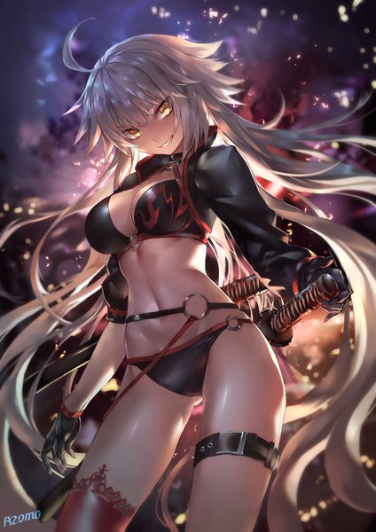 Anime picture 1600x2263 with fate (series) fate/grand order jeanne d'arc (fate) (all) jeanne d'arc alter (fate) jeanne d'arc alter (swimsuit berserker) (fate) azomo single long hair tall image looking at viewer blush fringe breasts light erotic simple background smile hair between eyes standing yellow eyes cleavage