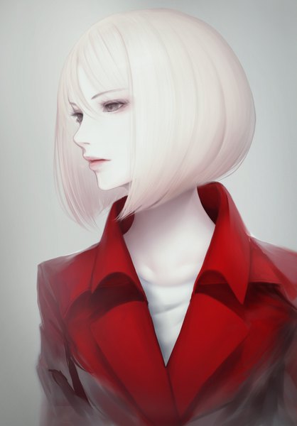 Anime picture 558x800 with original erise single tall image fringe short hair simple background hair between eyes brown eyes looking away upper body white hair profile lips grey background lipstick portrait eyeshadow pink lipstick makeup