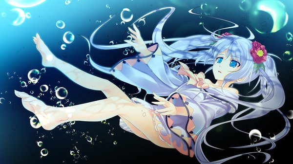Anime picture 2048x1152 with shin shirogane no soleil skyfish (studio) single long hair highres blue eyes wide image twintails game cg white hair hair flower underwater girl dress hair ornament flower (flowers) bubble (bubbles)