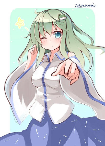 Anime picture 800x1119 with touhou kochiya sanae ominaeshi (takenoko) single long hair tall image looking at viewer blush breasts large breasts bare shoulders signed upper body long sleeves one eye closed aqua eyes green hair wide sleeves pale skin messy hair