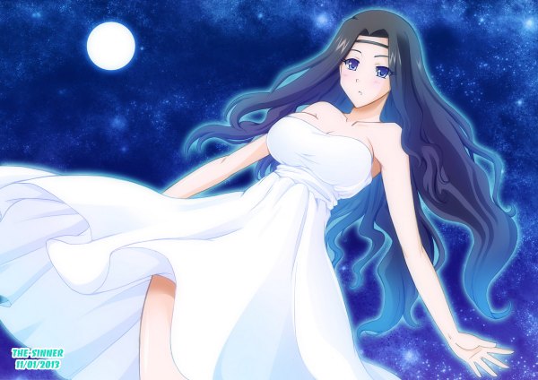 Anime picture 1200x848 with the-sinner single long hair blush black hair purple eyes bare shoulders girl dress white dress moon full moon