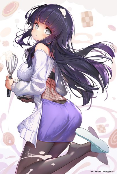 Anime picture 675x1000 with naruto studio pierrot naruto (series) hyuuga hinata hong (white spider) single long hair tall image looking at viewer blush fringe holding signed purple hair blunt bangs off shoulder turning head jumping white eyes fishnet