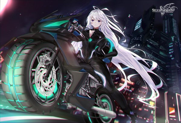 Anime picture 2000x1364 with douluo continent gu yuena damingjiuai sevens single long hair fringe highres breasts hair between eyes large breasts purple eyes signed looking away silver hair full body ahoge very long hair wind night from below