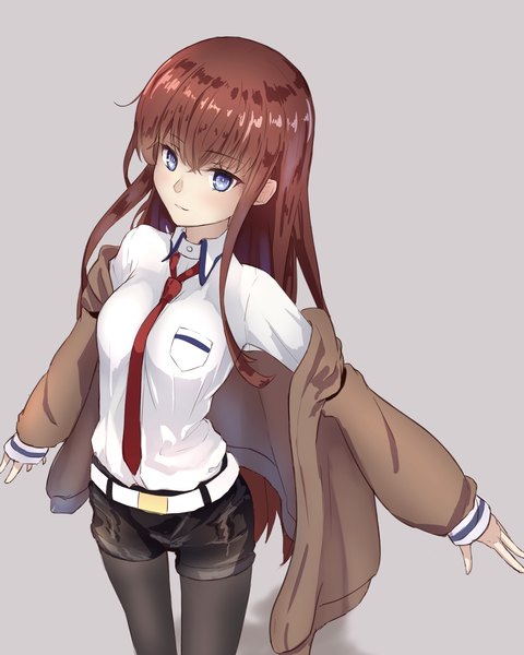 Anime picture 1528x1911 with steins;gate white fox makise kurisu wata0933 single long hair tall image fringe blue eyes simple background hair between eyes brown hair looking away from above grey background outstretched arm legwear under shorts girl shirt pantyhose