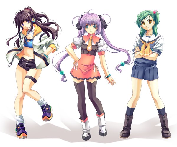 Anime picture 1800x1500 with original nagayori long hair highres short hair simple background brown hair white background purple eyes twintails multiple girls yellow eyes purple hair aqua eyes green hair hand on hip group crossed arms hands in pockets girl