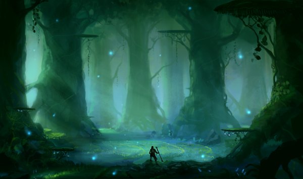 Anime picture 1280x756 with original blinck (artist) wide image landscape gloom tree (trees) forest
